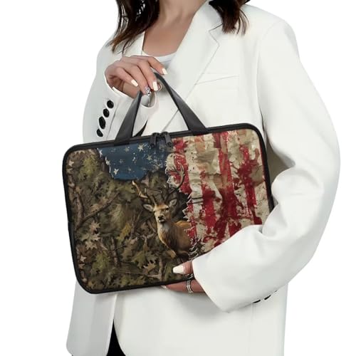 Laptop Bag for Women Men Casual Carrying Bag Durable and Waterproof Briefcase Computer Case with Zipper and Handle Business Office Work Bag, Forest Camo American Flag Deer Print, 17 inch2