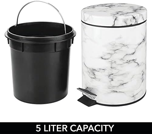 mDesign Pedal Waste Basket  Metal Waste Bin with Pedal, Lid and Plastic Bucket Insert  Perfect for Bathroom, Kitchen, and Office  5 Litre Household Rubbish Bin with Ergonomic Design  Marble Print