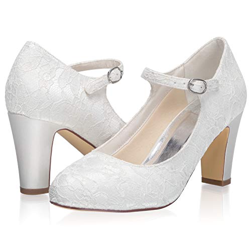 JIAJIA 342158 Women's Memory Foam Bridal Shoes Closed Toe 2.9'' Block Mid Heel Lace Satin Pumps Wedding Shoes3