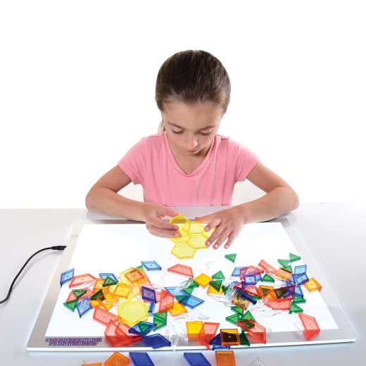 Constructive Playthings Kids LED Light Panel with Translucent Pattern Blocks Set, Interactive Light Pad and Toy Blocks for Classrooms