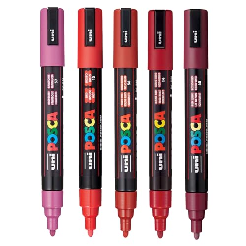 posca Paint Art Markers, Set of 5 5M Medium Markers with Reversible Tips, Red Collection