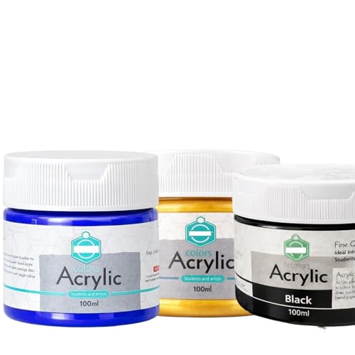 Image of Acrylic Paint 100ml for Artist & Craft Painting Colour Smooth Finish Art Paint Perfect for Canvas Wood - Black & Blue & Golden - Pack of 3