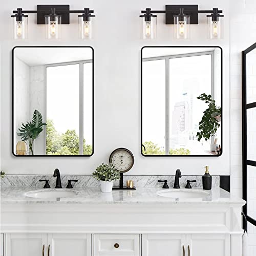 3 Light Bathroom Light Fixtures, Modern Black Vanity Lights Over Mirror, Wall Sconce With Clear Glass Shade And Metal Base, Matte Black Vanity Lights For Bathroom #TOP1