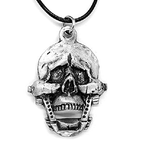 DH Pewter Gothic Screaming Skull Pendant Necklace in Grey Burlap Gift Pouch