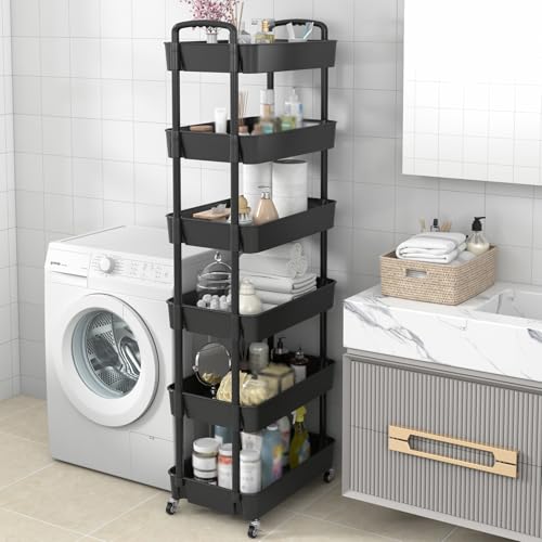 Image of Sywhitta 6-Tier Plastic Rolling Utility Cart with Wheels for Storage,Black