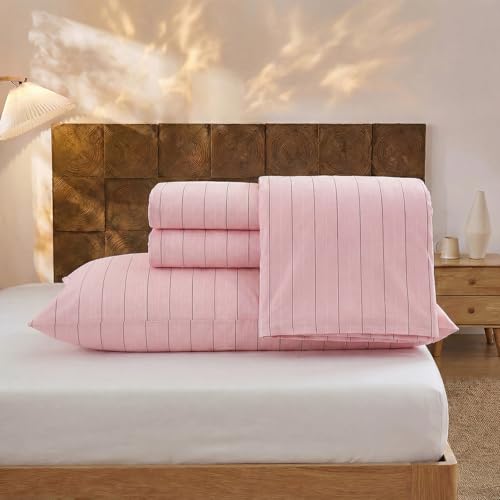 Image of Merryword Pink Pinstripe Sheet Set King Size - 100% Cotton Striped Bedding 4 Pieces, Soft Breathable Percale Weave, 17.5 inch Deep Pocket, Luxury Linen Like, All Season Comfort
