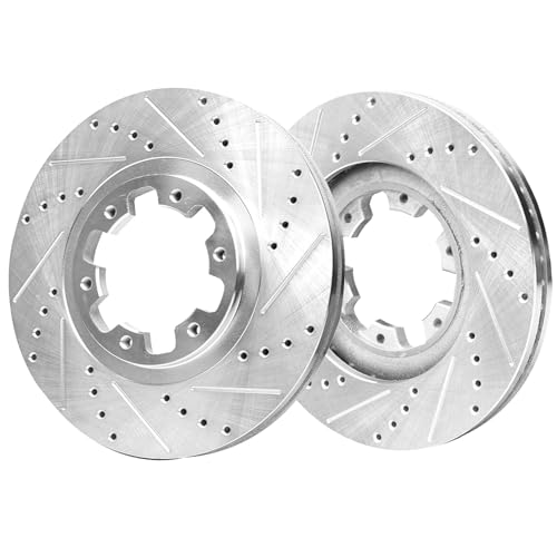 Image of Detroit Axle - Front Brake Kit for 1998-2004 Nissan Pathfinder Infiniti QX4 Drilled & Slotted Disc Brakes Rotors Ceramic Brake Pads Replacement 1999 2000 2001 2002 2003