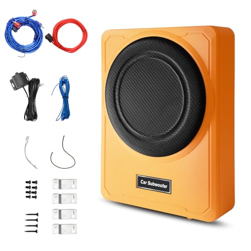 Image of Junsun Slim Under-Seat 10″ 800W Powered Car /Truck Subwoofer & Amp Combo - 220W RMS, Built-in Amplifier, High /Low Input, with Wire Mounting Kit (Vibrant Orange)