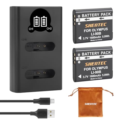 2Pack Shentec 3.7V Li-90B Li-92B batería y Cargador para Olympus batería TG-7, TG-6, TG-5, SH-1, SH-2, SP-100 IHS, Tough TG-1 TG-3,TG-4, iHS