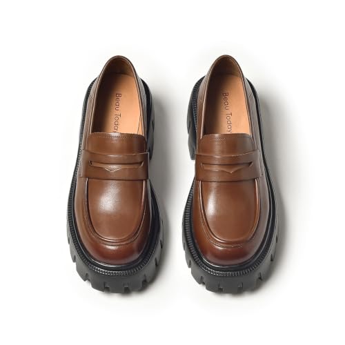 Image of BEAU TODAY Chunky Loafers Women,Platform Loafers for Women,Lug Sole Slip On Leather Classic Penny Shoes,Comfortable Office Work Business Casual Dress Shoes
