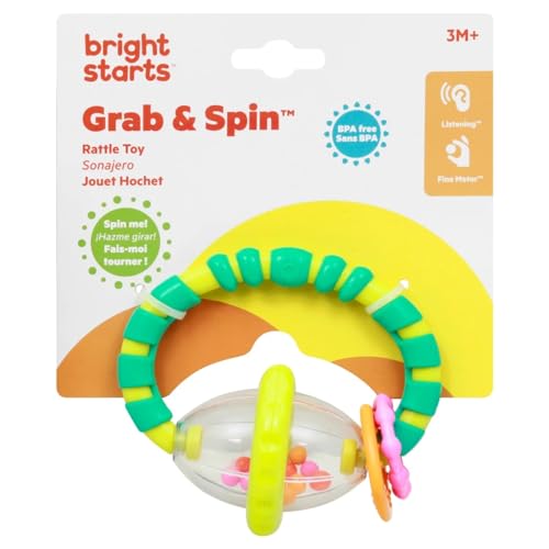 Image of Bright Starts Grab & Spin Baby Rattle & BPA-Free Teether Toy, Ages 3 Months+ 1 Count (Pack of 2)