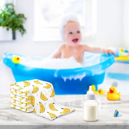Image of vvfelixl Banana with Smile Baby Burp Cloths Baby Muslin Washcloths for Boys Girls Cotton Babys Face Towel for Newborn Infants Soft and Absorbent 11.8 X 11.8 in, 5 Pack