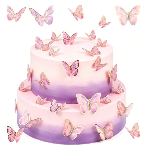 ZHIHUI 30Pcs Butterfly Cake Topper Colourful Butterfly Cake Decorations Cupcake Toppers Gold Edge Mixed Size Butterfly Cupcake Picks for Family Cupcake Wedding Cake Birthday Party Food Decoration