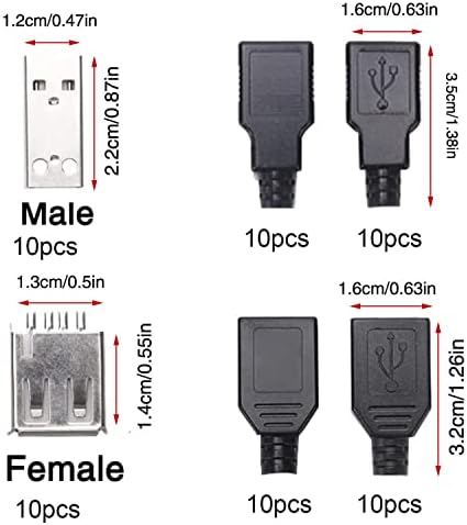 RUNCCI-YUN 20 Pairs USB 2.0 Type A Male Socket, Soldering USB Type A Male, USB 2.0 Type A Male Socket 4-pin, DIY USB 2.0 Connector Plug A Type Male Type Black Plastic Shell for Data Connection