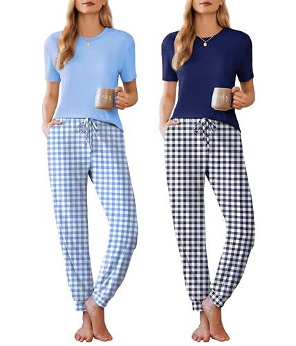 Image of Ekouaer Pajamas for Women Set 2 Pack Lounge Set Short Sleeve Pjs Joggers Long Pants Loungepwear with Pockets