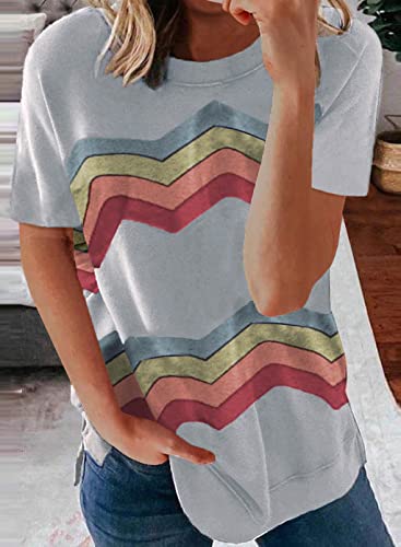 Shewin Womens Summer Tops 2023 Casual Short Sleeve Shirts Loose Crewneck Striped Color Block Tees Oversized T Shirts For Women(Grey, Medium) #TOP1