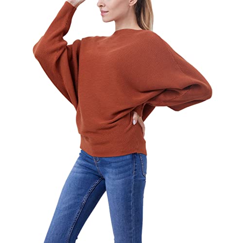 Image of Blostirno Women's Boat Neck Batwing Sleeves Dolman Ribbed Knitted Sweaters Pullovers Tops