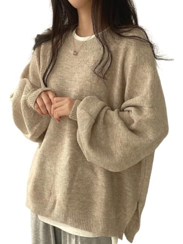 Women's Fall & Winter Split Hem Crew Neck Long Sleeve Sweater, Casual Comfort Basic Loose Knitwear Pullover for Daily