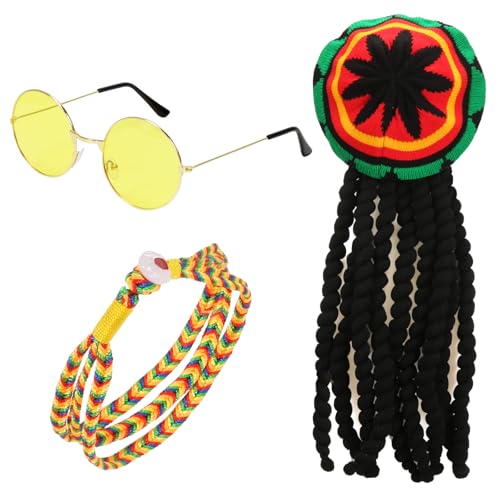 【Alta qualità】 Questo cappello e braccialetto Rasta sono in colori vivaci, morbidi e delicati sulla pelle, stile curvo, morbidi e comodi da indossare e le trecce della parrucca hanno una trama simulata. Le lenti sono realizzate in materiale AC, sono alla moda e retrò.