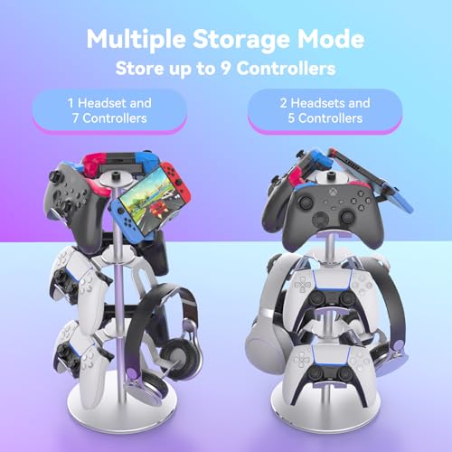 Controller Stand Compatible with Xbox PS5 PS4 Nintendo Switch Pro, 3 Tier Aluminum Gaming Headset Stand, Rotatable Headphone Controller Holder Organizer Rack, Universal & Large Capacity, Silver - Image 3