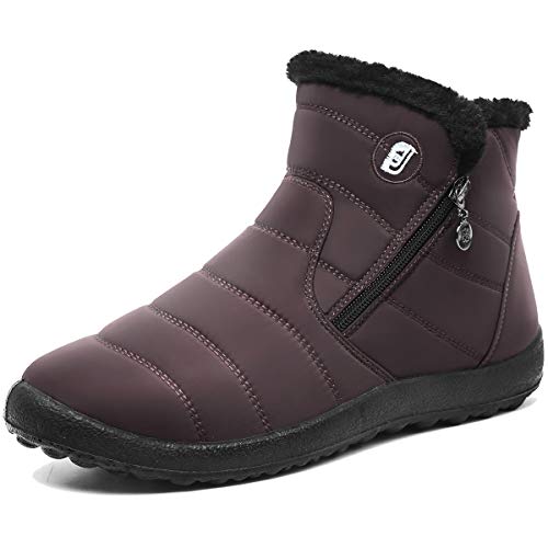 FEETCITY Women Mens Winter Snow Boots Fur Lined Waterproof Warm Sneaker Non-Slip Outdoor Shoes Coffee 7.5 Women/7 Men