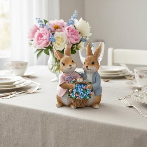 Estatua pareja de conejos con canastas decorativas miniatura 5