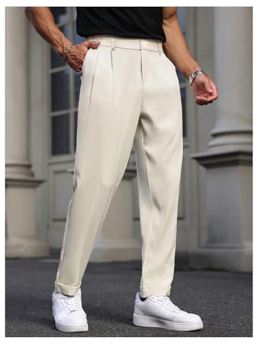 OYOANGLE Men's Dress Pants Zipper Fly Pleated Business Casual Skinny Tapered Trousers4