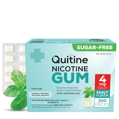 Quitine Nicotine Gum 4mg, Mint Flavor, Stop Smoking Aid – Affordable NRT to Relieve Cravings | Quick-Burst Flavor That Fades Within 1 Minute, 300 Count, Classic Gum to Support Your Quit Journey