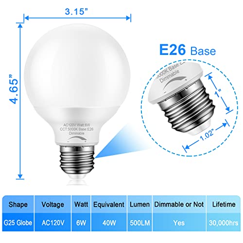 10 Pack Dimmable G25 Globe Light Bulbs Led, 6W=40W Replacement, Daylight White 5000K, E26 Medium Base, Ideal For Bathroom Vanity, Makeup Mirror Or Sputnik Light, 120V, Decorative Round Light Bulbs #TOP2