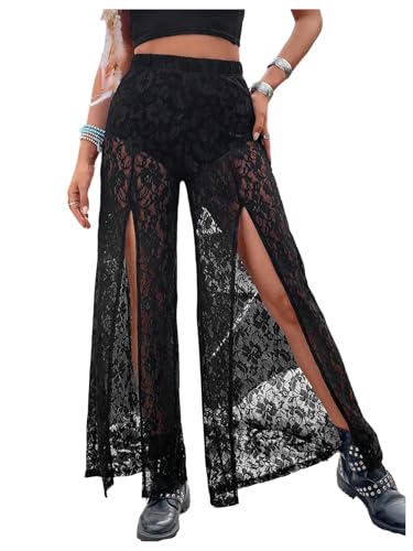 SweatyRocks Women's Split Lace Pants Gothic Grunge See Through Wide Leg Trousers Bell Bottoms