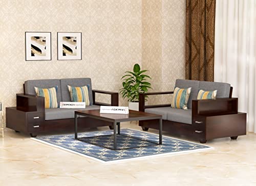 Image of Sheesham Wood 4 Seater Sofa Set with 2 Drawer Storage | 2+2 Wooden Sofa Set Furniture for Living Room Home Office (Walnut Finish)