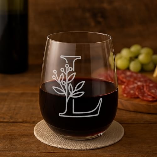 On The Rox Drinks Monogrammed Gifts For Women and Men - Letter A-Z Initial Engraved Monogram Stemless Wine Glass - 17 Oz Personalized Wine Gifts For Women and Men (L)