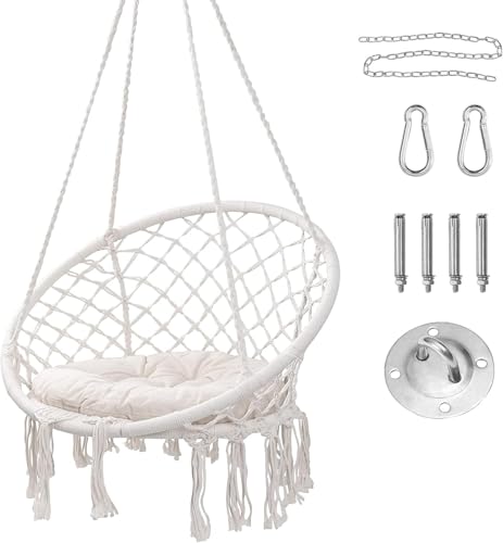 Zenzres Hammock Chair Hanging Swing with Macrame and Cushion Max 330 Lbs Beige Hanging Cotton Rope Chair for Indoor Outdoor Bedroom Patio Yard Deck Garden and Porch