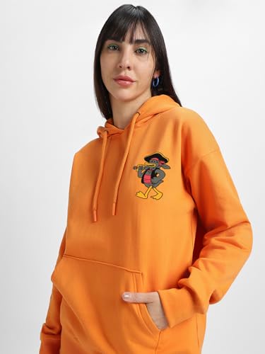 Image of JUNEBERRY Cotton Poly Fleece Oversized Fit Black, Green, Magenta, Mustard, Orange, Purple, Blue, Off White & Grey Graphic Printed Full Sleeve Hoodie for Women