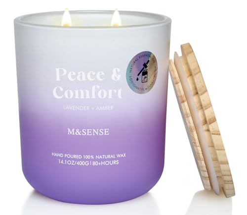 M&SENSE Lavender Amber Doftljus - 400g Giftfritt - 80 Timmar - Naturlig Sojavax - Aromaterapi för Spa & Yoga - Andlig Healing