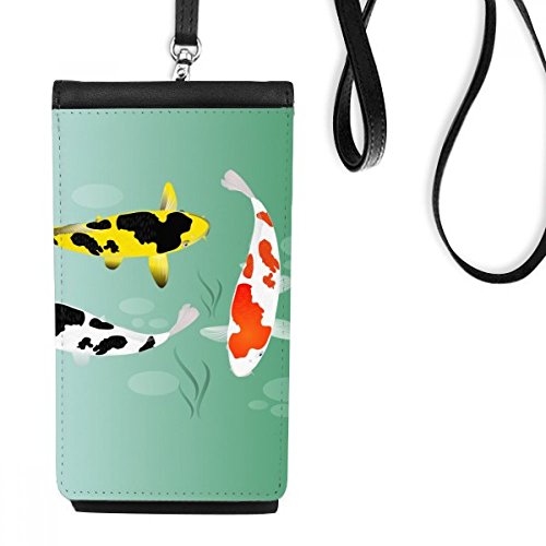 Bourse en cuir pour smartphone motif poissons chinois sacoche téléphone noir