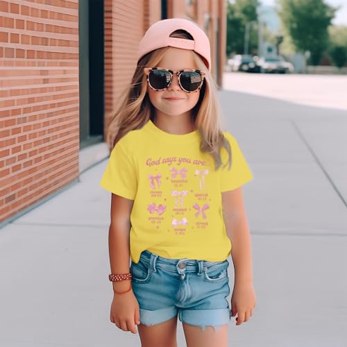 KEEVICI Cute Girls Bow God Shirt Christian Graphic Tees Jesus Shirts for Kids Bible Verse Inspirational Religious T Shirts(Yellow,140)2