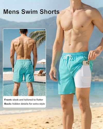 Image of Mens Swim Trunks with Compression Liner 2 in 1 Quick Dry Swimming Shorts Swimwear Bathing Suits with Pockets