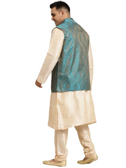 Sojanya Men's Silk Blend Gold Kurta & Churidaar Pyjama With Silk Blend Nehrujacket Set2