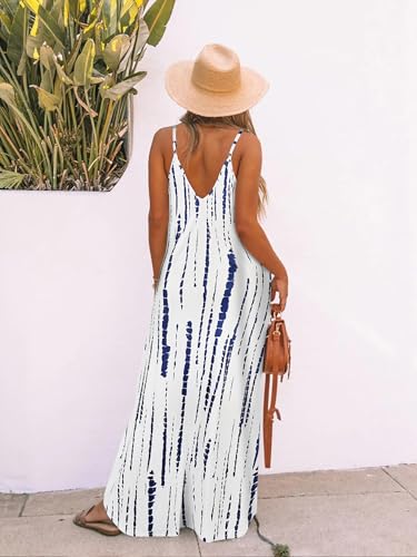 Image of Bluetime Women Summer Spaghetti Strap Maxi Dress V-Neck Sleeveless Flowy Boho Floral Beach Long Dress with Pockets