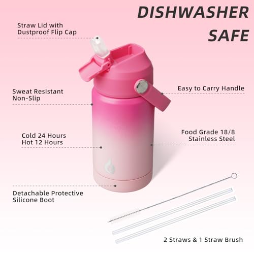 Image of BJPKPK Insulated Water Bottle with Straw Lid, 12oz Thermo Water Bottles with Soft Nozzle, Flex Handle & Non-slip Boot, BPA Free Leak Proof Stainless Steel Metal Thermo, Tumblers, Cups,Cherry
