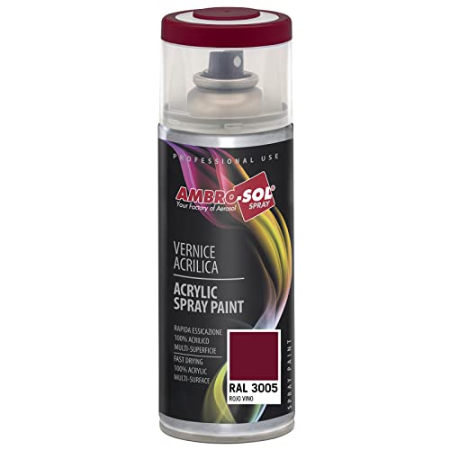AMBRO SOL   Pintura acrílica en spray, color Rojo Vino, RAL 3005, resultado profesional en múltiples superficies, exteriores e interiores, 400 ml