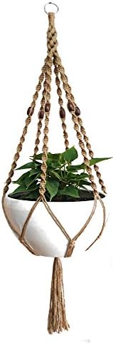 6 Legs Macrame Natural Jute and Cotton Plant Hanger & Holder and Metal Ring, 51-inches Length (Without The White Pot and Plant) (Jute) (Brown-Jute)