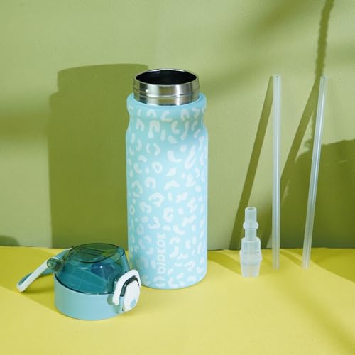 Image of BJPKPK 18 oz Water Bottle with Straw & Handle, Insulated Stainless Flask | Leak Proof Locking Lid, Thermal, Double Wall Vacuum, Metal, Keeps Hot /Cold, BPA Free, Travel & Sports, Sky Blue Leopard