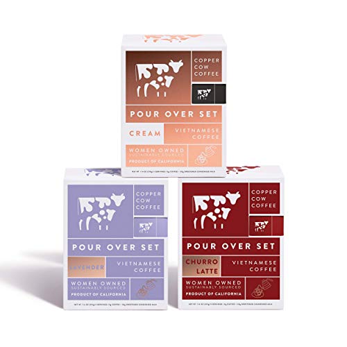 Copper Cow Coffee Espresso Roast + Classic Creamer Variety Pack | Classic, Lavender, and Churro Coffee Flavors with Classic Creamer | Single-Serve Pour Over Vietnamese Coffee Pouches | Portable Ground Specialty Coffee Drip Cups | 15 Pack