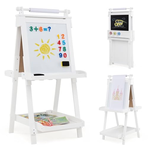 COSTWAY Tableau Enfant Double Face avec Hauteur Réglable & Rouleau de Papier Remplaçable, Chevalet Magnétique Pliable avec Tableau Noir & Blanc, 3 Pots & 3 Plateaux pour Enfant de 3 Ans+ (Blanc)
