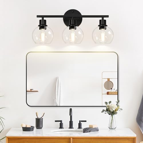 Image of Indoi 3-Light Bathroom Light Fixtures, Black Bathroom Lights Over Mirror with Clear Glass Globe Shade, Vanity Lights for Bathroom Kitchen Living Room Hallway Cabinet Bedroom Porch.