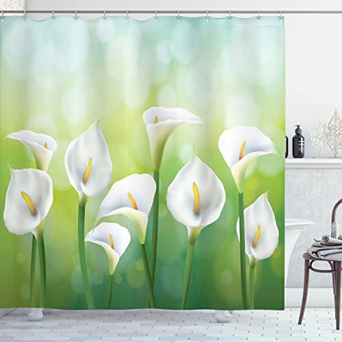 Lunarable Calla Lily Shower Curtain, Illustration of Spring Seasonal Design Flowers on Green Background, Cloth Fabric Bathroom Decor Set with Hooks, 69