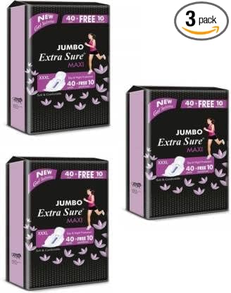 Extra Sure Jumbo Sanitary Pad maxi jumbo 320mm XXXl size For Women and Girl Combo 40+40+40 Pads Free 10+ 10+10 Pantyliner Pack Of 3 (150pads)
