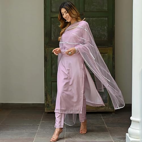 Image of GoSriKi Women's Cotton Blend Straight Solid Kurta with Pant & Dupatta
